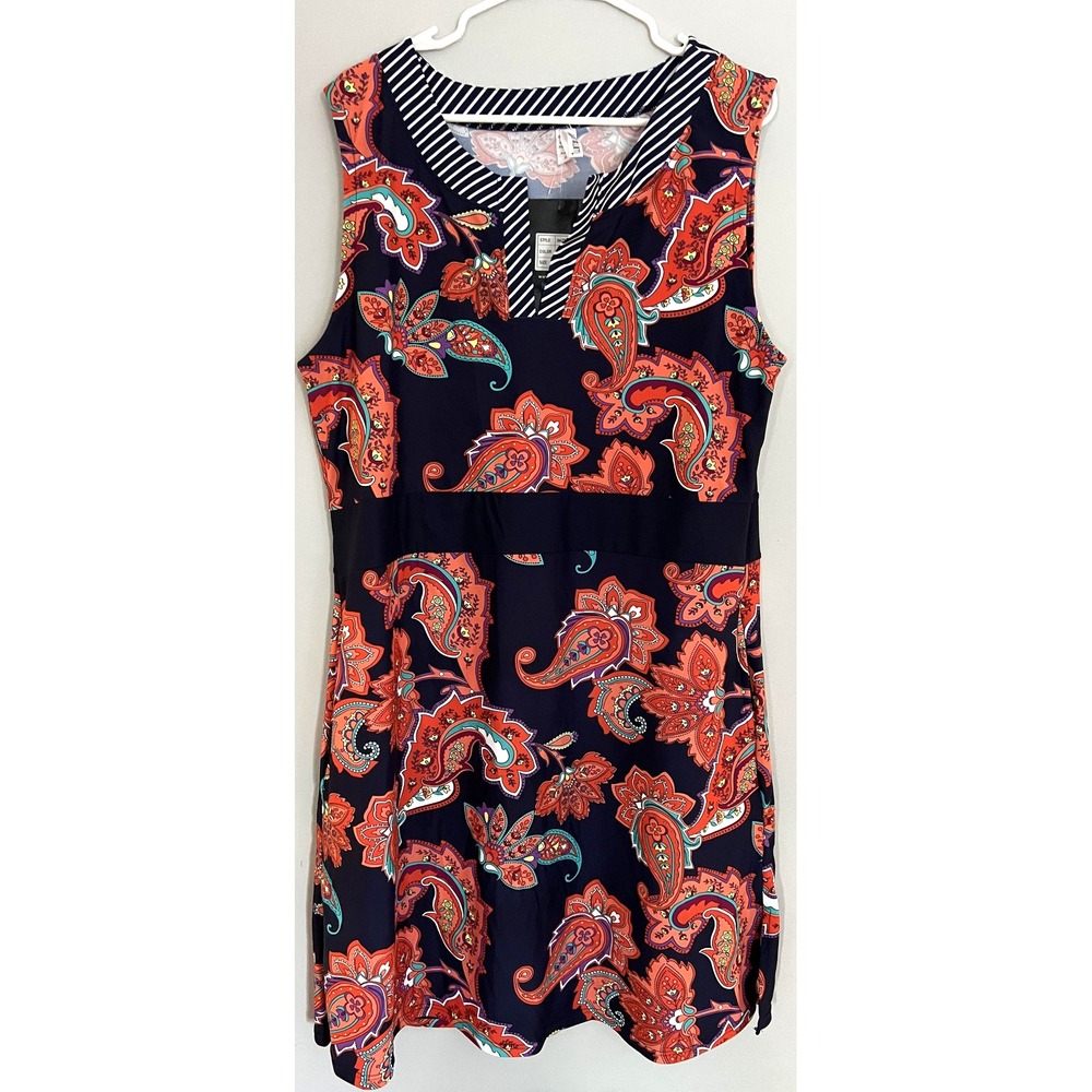 Mazu Swim Dress Women 2X Navy Blue Paisley Sleeveless Swim Cover Up Plus Sz NWT